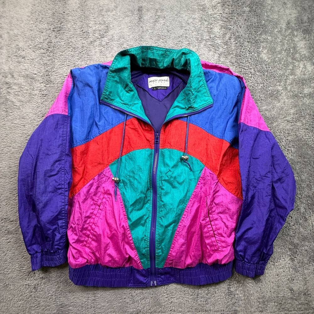 Vintage 90s Neon Windbreaker Jacket Womens L Andy Johns Sport Full Zip Relaxed